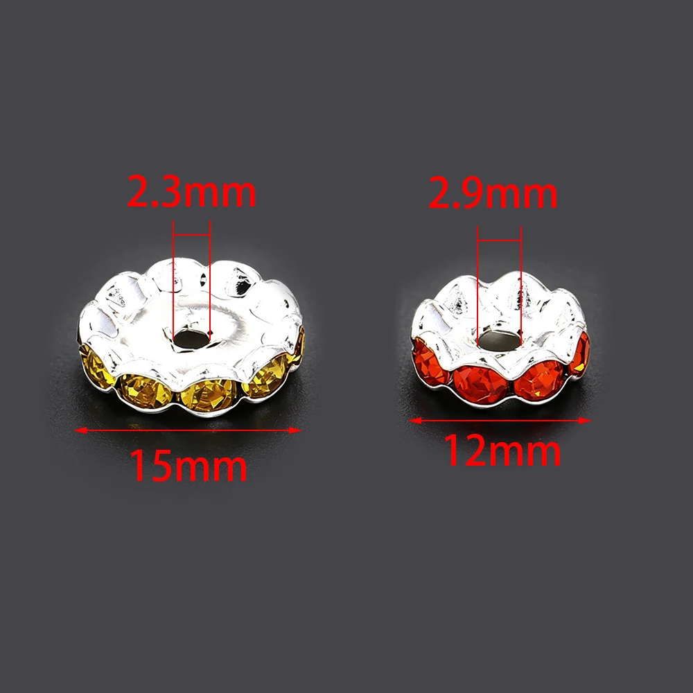 10-30Pcs 12/15mm Wave Side Rhinestone Spacer Beads Colorful Crystal Metal Rondelle for Jewelry Making Diy Crafts Accessories