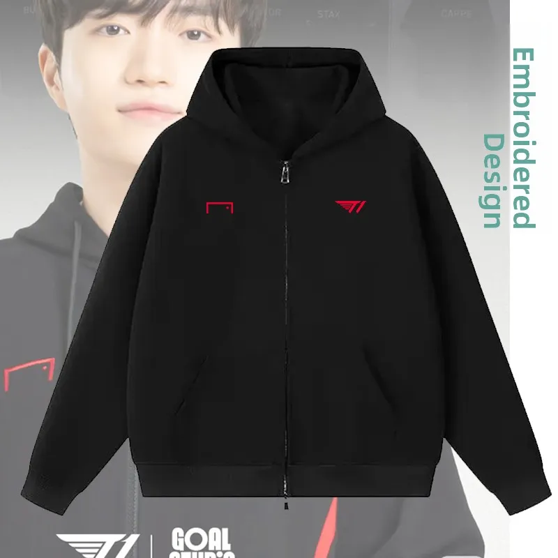 Embroidered T1 Team Zipper Hoodie Heavyweight Shoulder Dropped Sweatshirt Casual Style Long Sleeve Unisex Comfortable Warmth