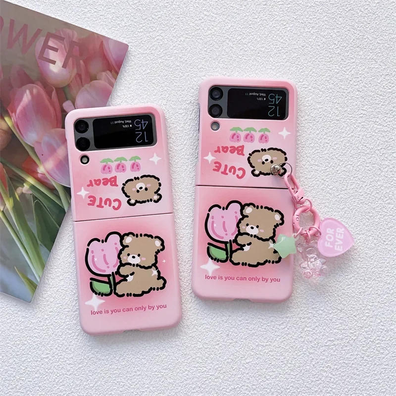 

Flower Bear Pink Phone Case for Samsung Galaxy Z Flip 6 5 4 3 Protective Back Cover for ZFlip4 ZFlip5 ZFlip6 Case Shell