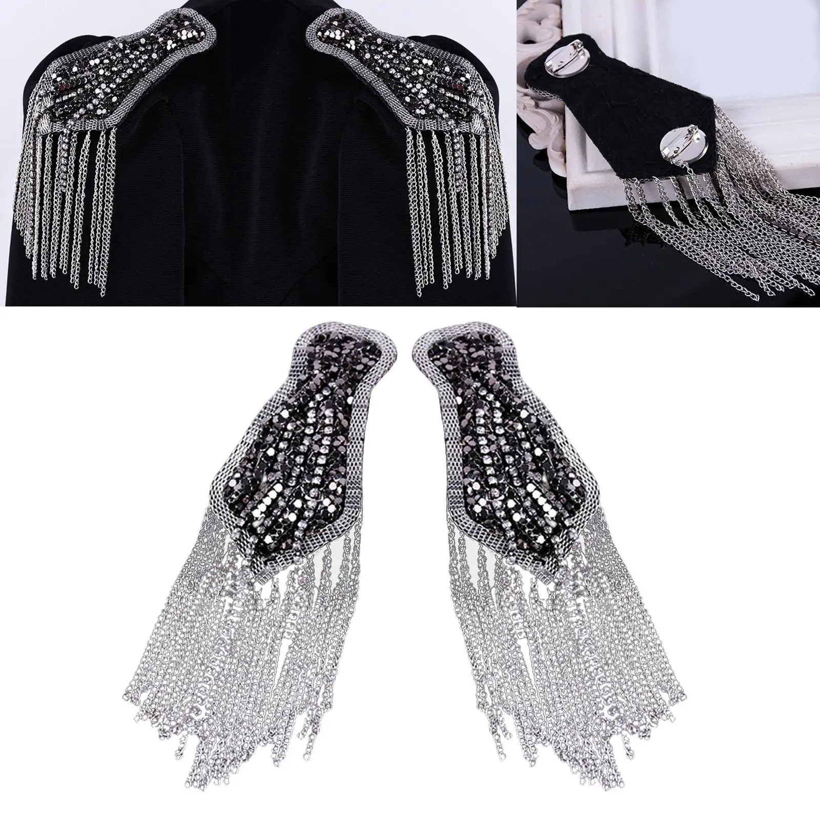 2 Pieces Tassel Epaulet Fashion Rhinestone Punk Epaulette Badge Shoulder Boards for Costume Women