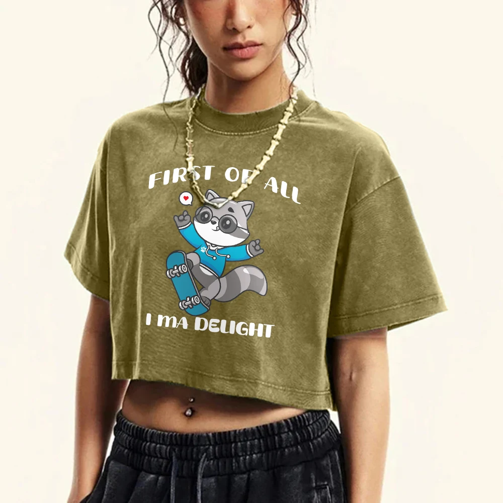 

Raccoons Enjoy Skateboarding Prints Women Washed Tops Summer Fashion T-Shirt O-Neck Tee Shirts Soft Fitness Clothes Female