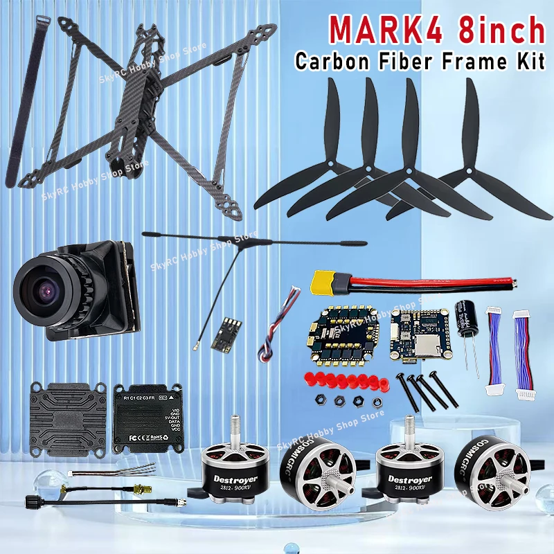 

Комплект рамы MARK4 8 дюймов из 3K карбонового волокна, мотор 2812, полетный контроллер F405, регулятор скорости 60A ESC, пропеллер 8040, видеопередатчик 2.5W, камера для сборки RC FPV DIY