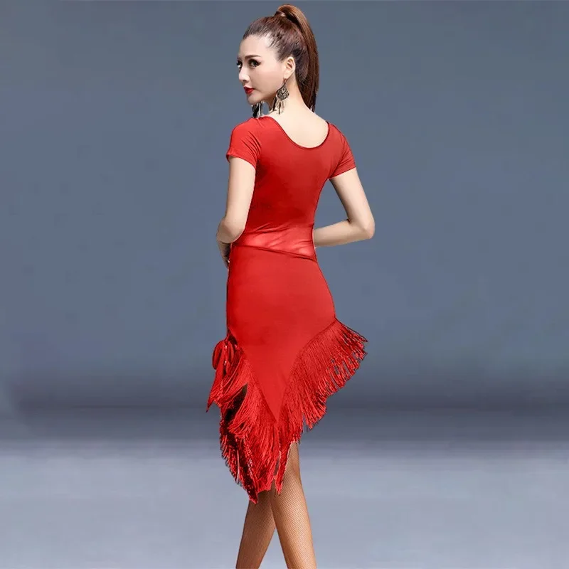 New High-end Slimming Short Sleeved Fringe Slit Dress Red Training Clothing Latin Dance Attire for Adult Women in All Seasons