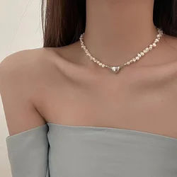 SUMENG Korean Pearl Chain Choker Necklace Magnetic Heart Pendant for Women Girls 2024 Fashion Jewelry Bridal Engagement Gifts