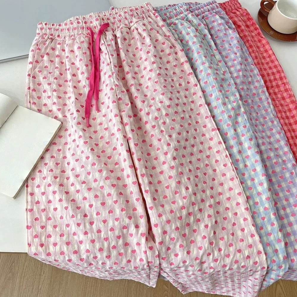 

Sweet Korean Style Plaid Heart Long Pants Comfortable Soft Loose Trousers Colorful Elastic Fabric Drawstring Pants Vacation Wear