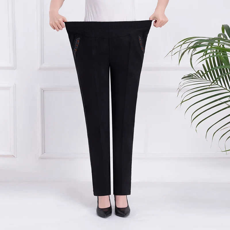 Middle Aged Women Pants 2024 Spring Autumn Elegant High Waist Casual Trousers Korean Fashion All Match Embroidery Straight Pants