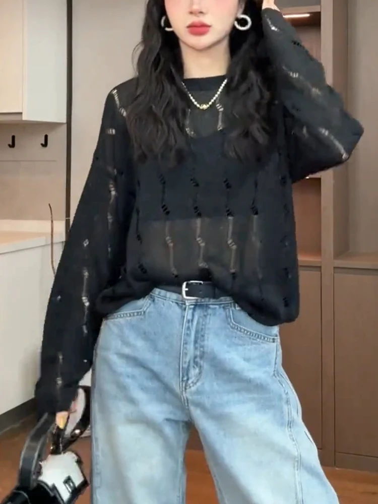 

Весна 2025: Новая модель корейской легкой женской футболки с длинным рукавом и ажурным дизайном, больших размеров, для повседневной носки