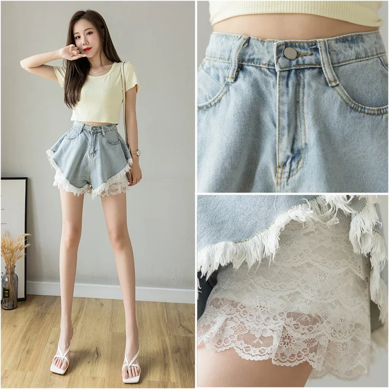 Fashion Girls Baggy Lace Wide Leg Jeans Pants With Ruffles Women\'s High Waist Tassel Loose Skirt Denim Shorts