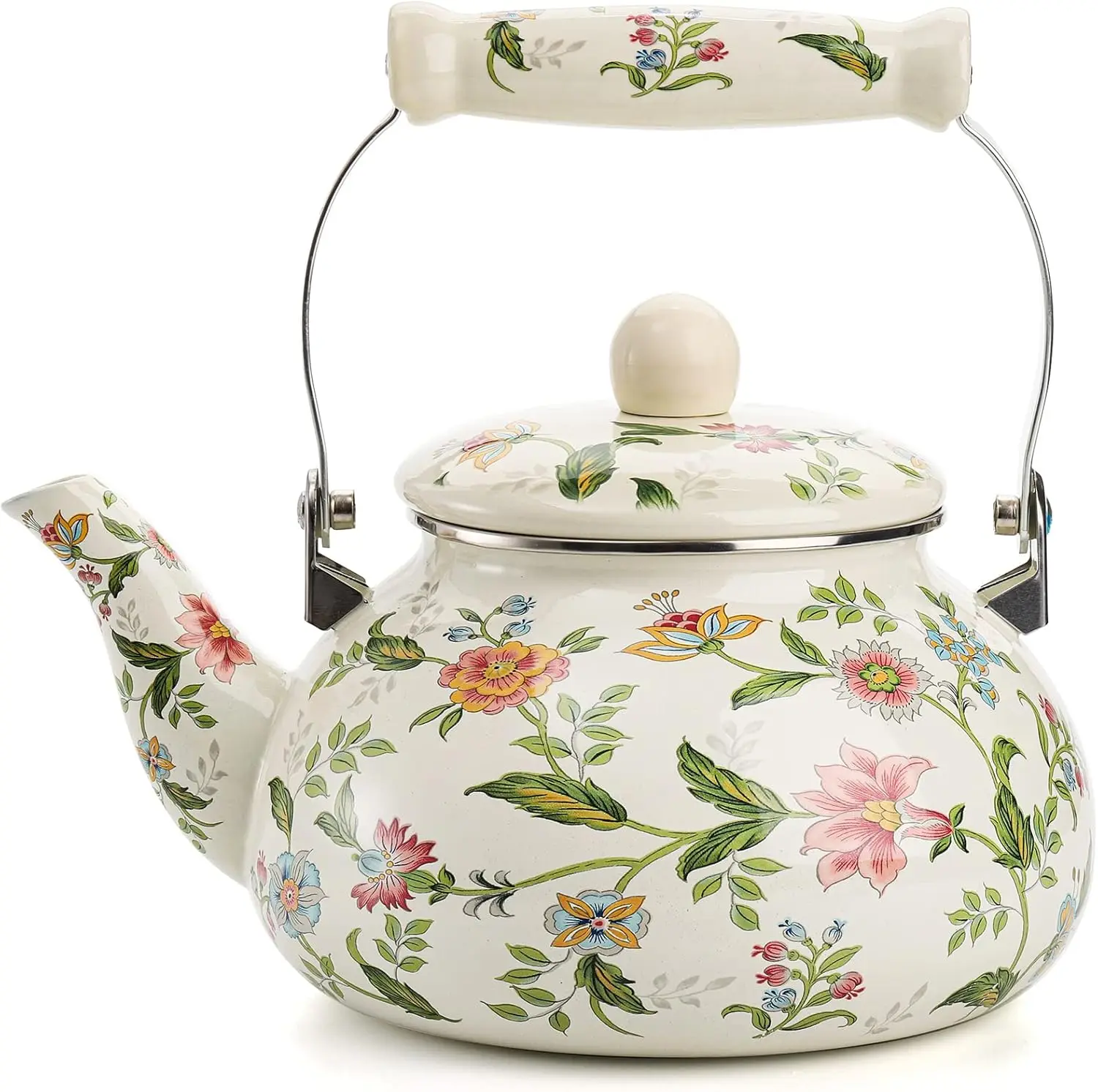 

2.6 Quart Vintage Enamel Tea Kettle, Green Floral Enamel on Steel Teapot with Cool Touch Porcelain Handle for Stovetop Home Kitc