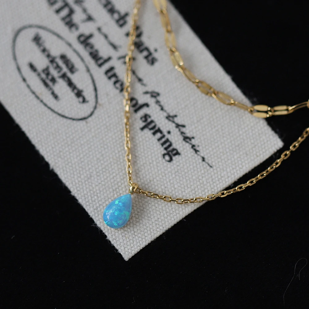 Stainless steel blue tears small and delicate Aobao blue water droplet sparkling double-layer necklace plated with 18K gold