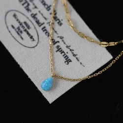 Stainless steel blue tears small and delicate Aobao blue water droplet sparkling double-layer necklace plated with 18K gold