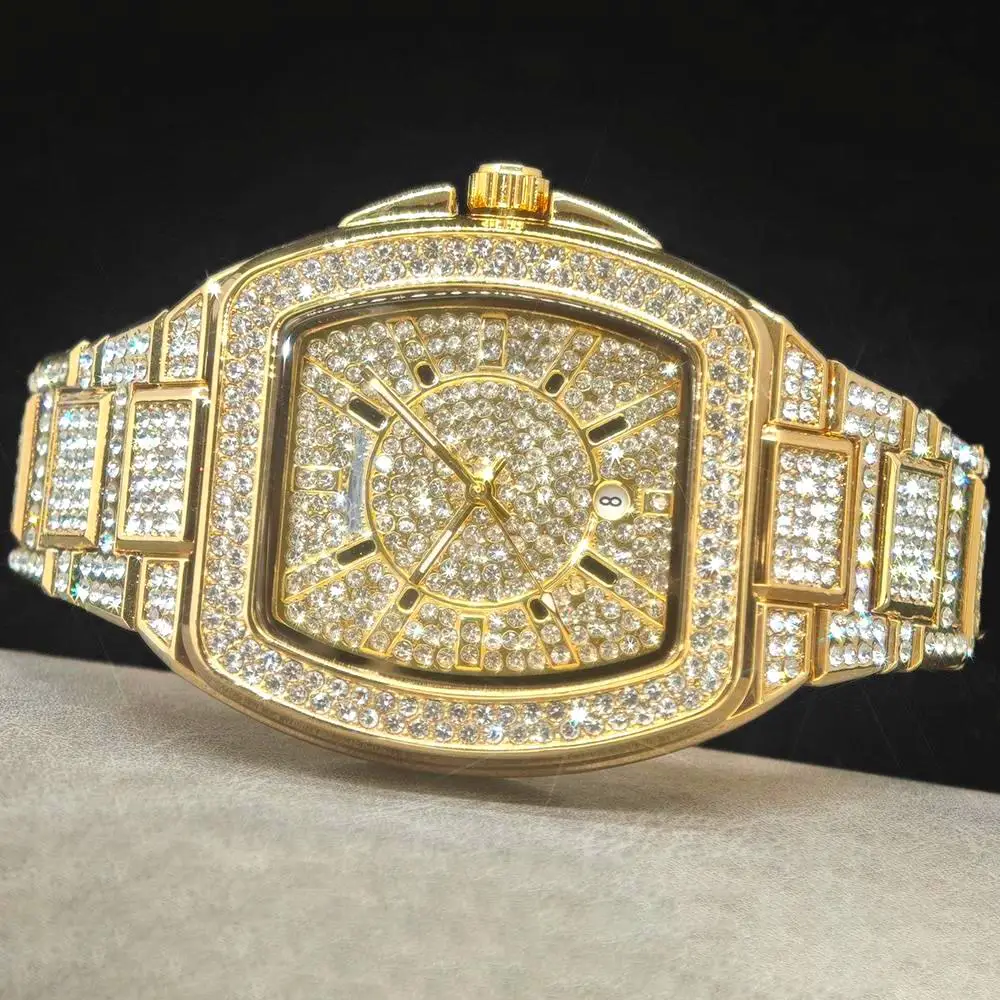 Luxury Gold Watch Men Brand UNIGUET Hip Hop Ice Diamond Quartz Clocks Male Fashion Tonneau Wristwatch With Calendar Dropshipping