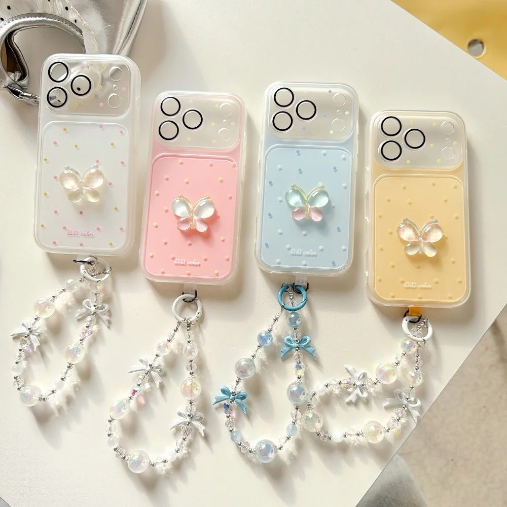 Pastel 3D Butterfly Phone Case With Beaded Bow Wrist Strap For iPhone 17 16 15 14 Pro Max Cute Girly Shockproof Protective Cover