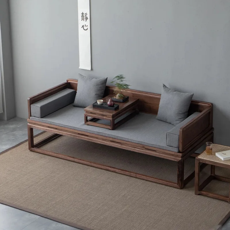 New Chinese style, solid wood small apartment, Arhat couch, mortise and tenon Zen sofa bed, walnut color
