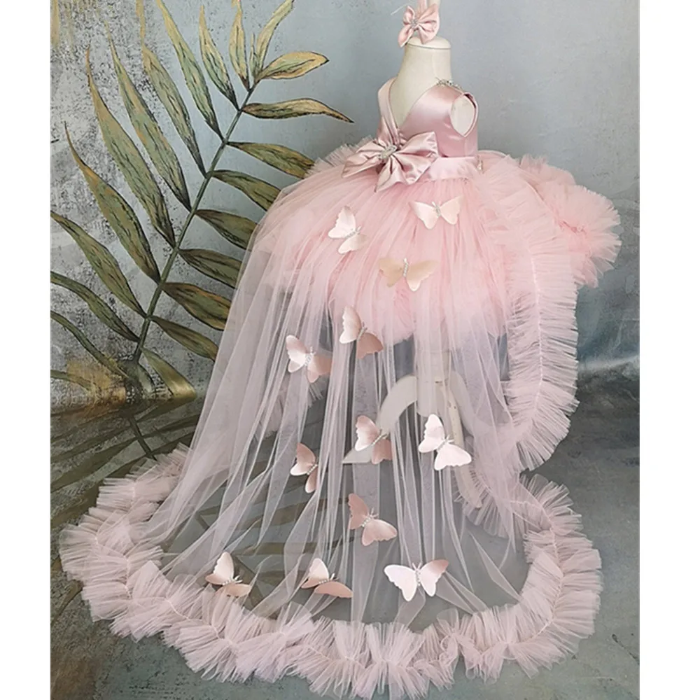 Abito da ballo rosa abiti da ragazza di fiori cinghie collo Kid Birthday Party Dress costumi fotografia Custom Vintage Pink Ball