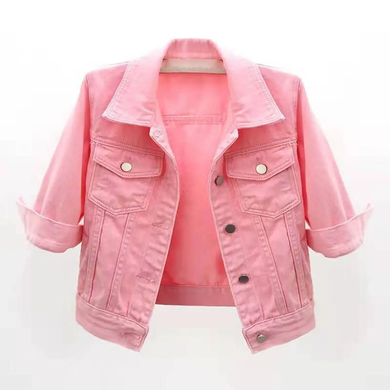 New Women's 3/4 Sleeve Colored Cropped Denim Jacket Light Wash Jacket Lohas Time Coat With button Short coat Fashion For women