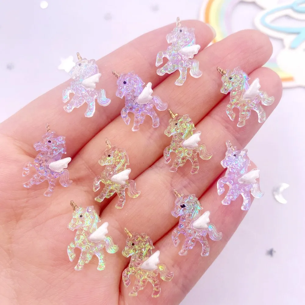 10pcs Resin Glitter Kawaii Mini Colorful Pegasus Unicorn Flatback Rhinestone Nail Art Figurine Applique DIY Scrapbook Decor OL76