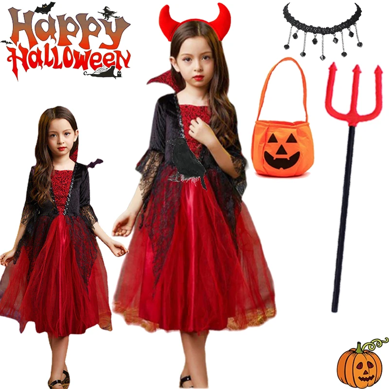 

Disney Witch Dresses Halloween Costume Children Girls Witch Cosplay Costume Black and Fire Dresses Kid Halloween Party Clothings