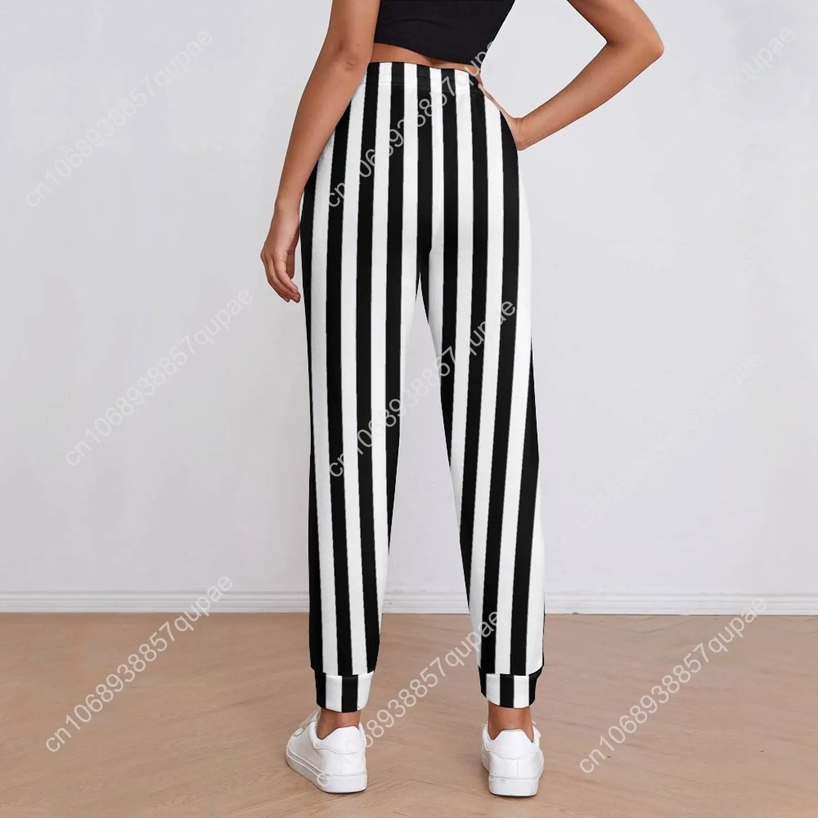 أسود أبيض سروال مخطط امرأة خطوط عمودية طباعة الشارع ارتداء Sweatpants الربيع العصرية بناطيل مخصصة حجم كبير