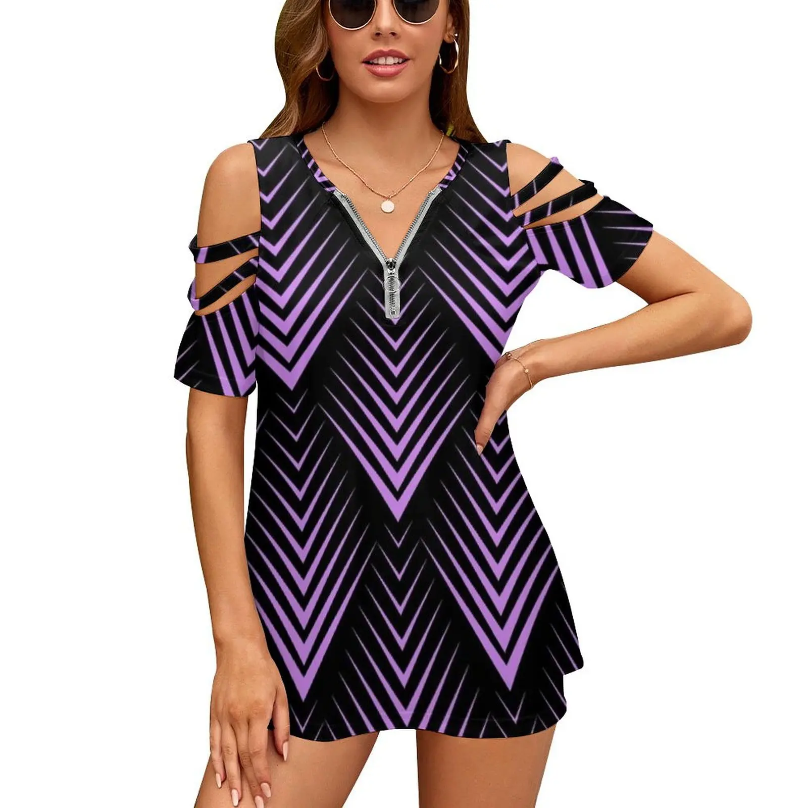 Purple And Black Art-Deco Pattern Women Zipper Various styles Printed T Shirts Tops Full Print T-Shirt Art Purple Black Pattern
