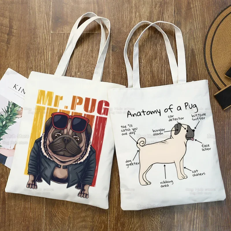 Dog Pet Pug Life Pug Anatomy Cartoon Printed Canvas Shoulder Bag Female Harajuku Funny Large-capacity Eco Shopper Bag