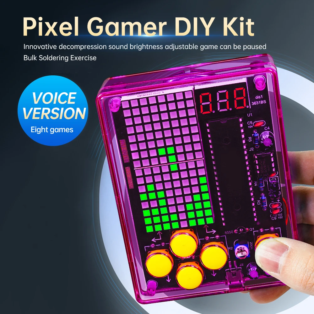 Upgraded DIY Game Kit Retro Classic Electronic Soldering Welding Tranning Set with Purple Blue Acrylic Case Mini Game Console