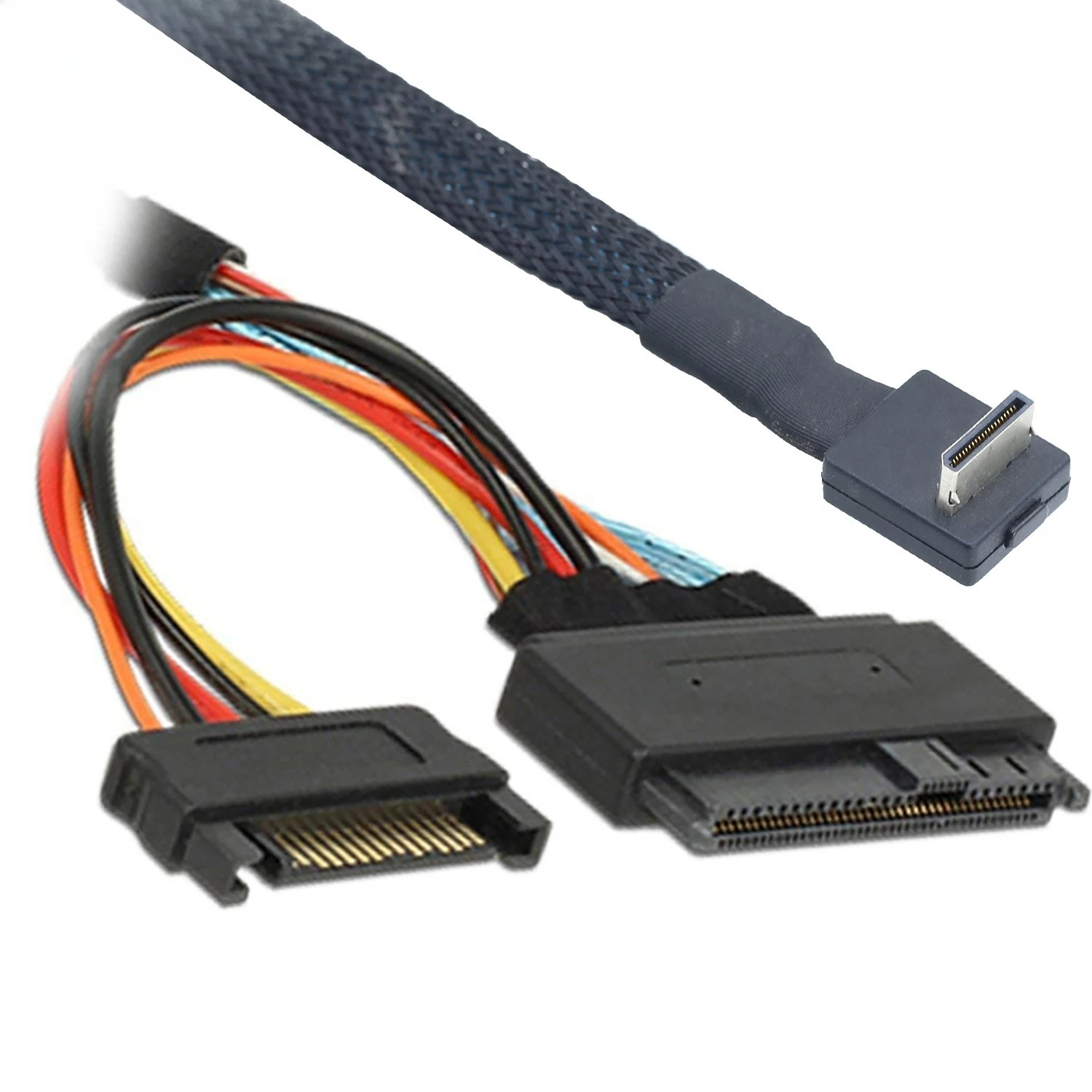 PCI-E Oculink SFF 8611 4I 90 درجة إلى الولايات المتحدة. 2 SAS SFF 8639 + 15P SATA تسخير محول طول الكابل اختياري 0.5M 1M
