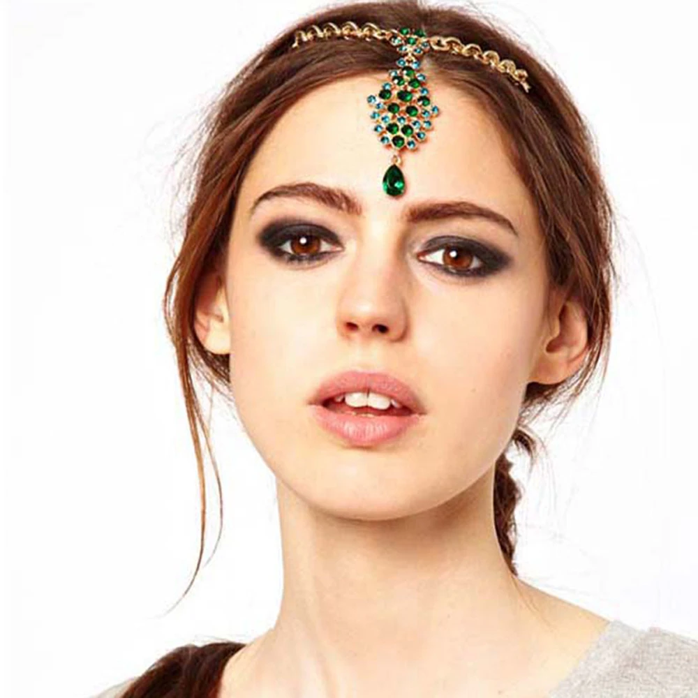 2024 Trend Big Crystal Pendant Forehead Chain Hairpin Hair Accessories Women\'s Ethnic Tiara Headpiece Tikka Indian Head Jewelry