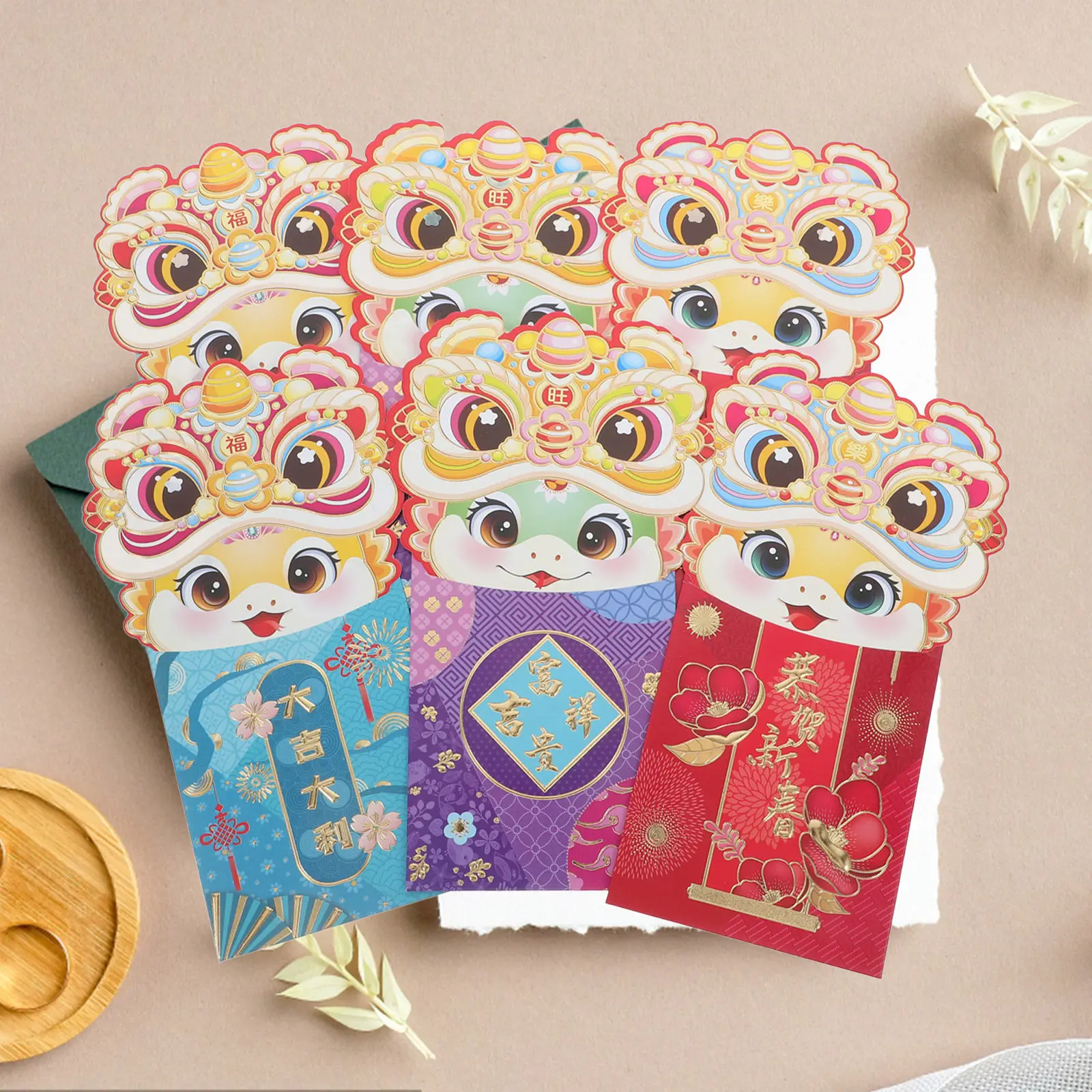 

6Pcs Colorful Cartoon Red Envelopes Good Printing Lucky Money Packets Year of The Snake Chinese New Year Spring Festival Wedding