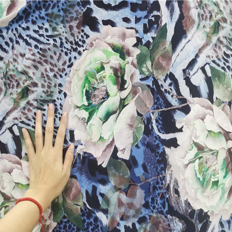 Buono, elastico a 4 vie, tessuto a maglia di seta del latte, tessuto di stampa leopardo bianco verde peonia/blu, fai da te, cucito