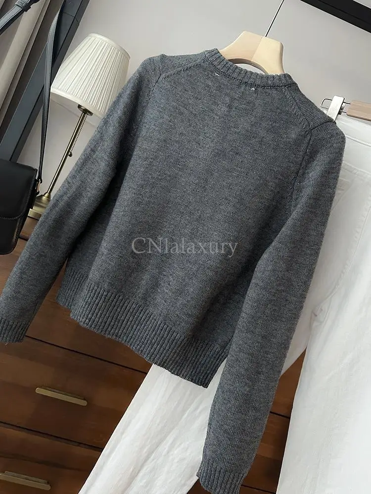 CNlalaxury 2023 Autumn Winter New Women Round Neck Simplicity Solid Color Fashion Temperament Cardigan Sweater Coat Tops Chic