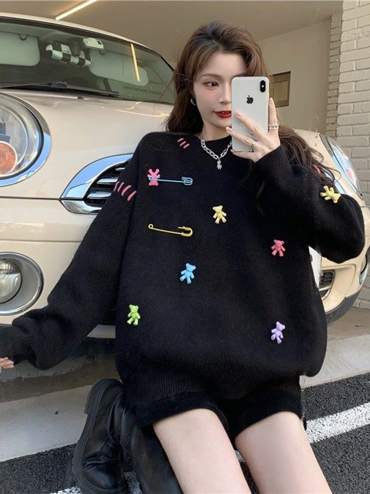 Zoki Cute Bear Women Casual Sweater Sweet Japan Knitted Pullovers Loose Long Sleeve O Neck Female Fall Fashion Elegant Jumper