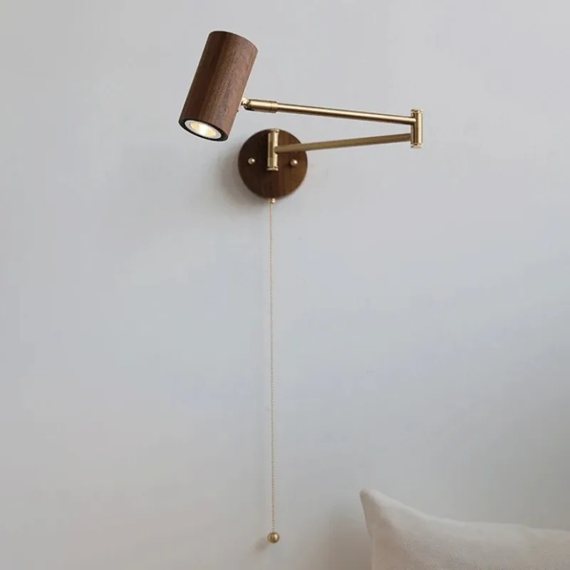 

Nordic Modern Wall Lamps Wood Body Swing Rotatable Spot Bulb Lustres with Pull Switch Bedroom Study Hotel Homestay Cafe Corridor