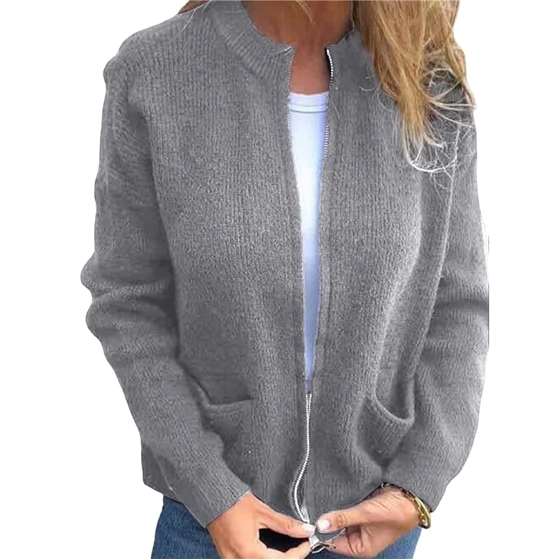 

Women's Zip Up Knit Cardigan Long Sleeve Stand Collar Sweater Outwear Coat With Pockets