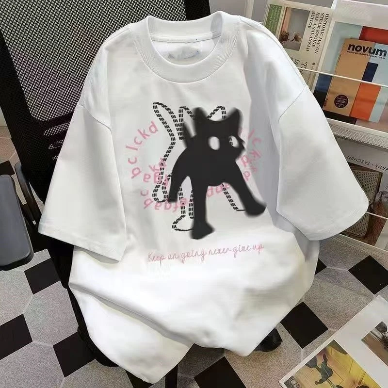 เสื้อคอตตอนพิมพ์ลายแมว2024สำหรับผู้หญิงใส่ฤดูร้อน Y2K ลำลองแขนสั้นทรงหลวมเสื้อยืดคอกลมสูงสไตล์ฮาราจูกุน่ารักไซส์ใหญ่พิเศษ