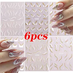 6pcs/set 3D Glitter Gold Silver Metal Curve Stripe Nail Decals French Shining Line Nail Art Stickers Adhesive Nail Art Supplies