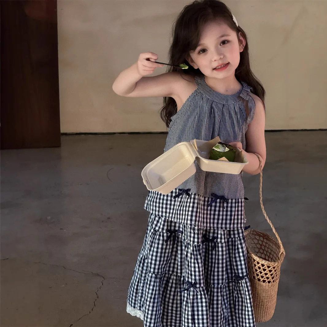 Girl's countryside  checkered vest sleeveless top summer Korean children's clothing stylish versatile checkered vest