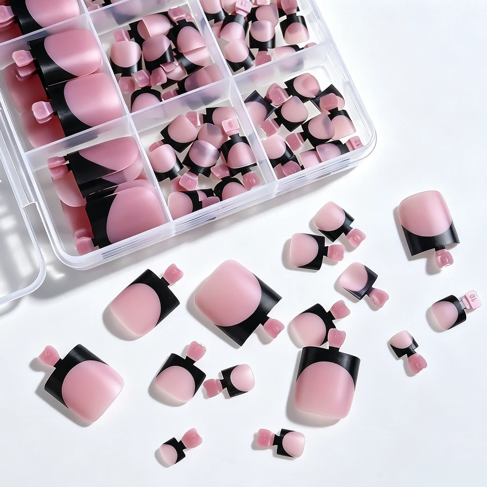 150 Piezas Uñas Postizas Para Dedos del Pie Cuadradas Cortas Negras Francesas Mate Nude Rosa Cobertura Completa Reutilizables Veraniegas 4