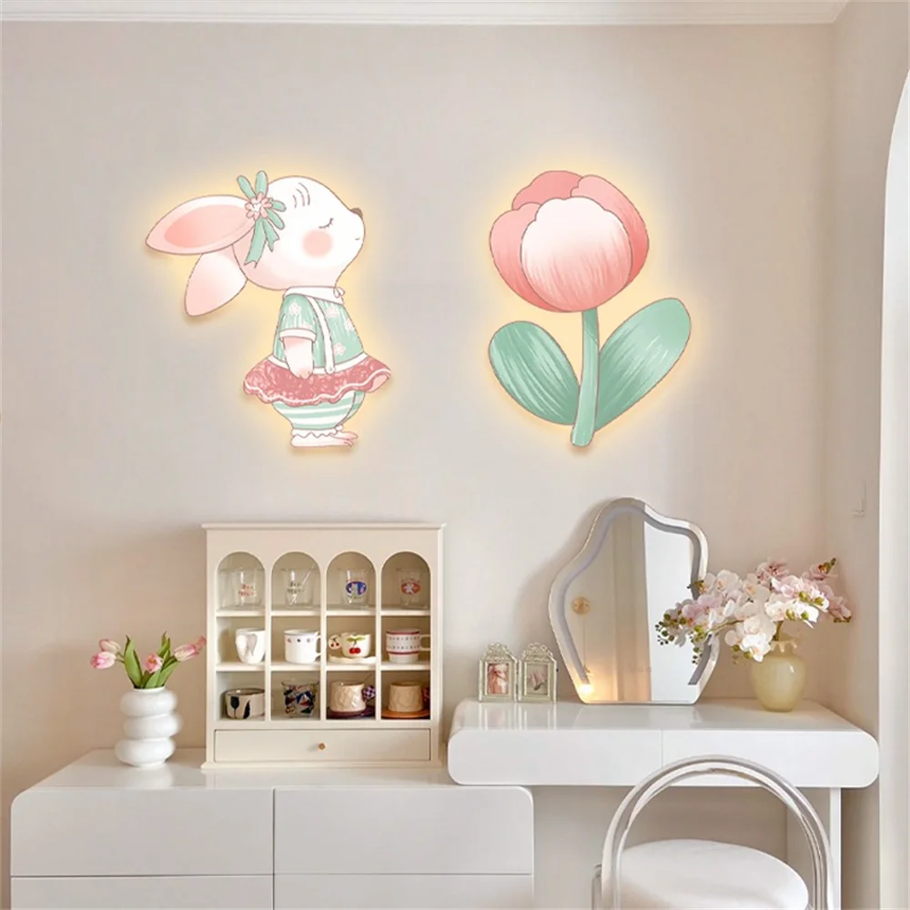Battery Power Girl Children Room Decoration Painting Wall Lamp Cartoon Rabbit Flower House Mural Indoor Atmosphere Night Lights