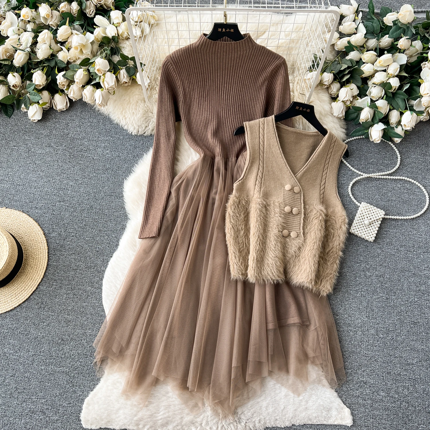 Women Vintage Fashion Knit Two Pieces Skirt Sets Women V Neck Sleeveless Vest with High Waist Mesh Patchwork Knit A-line Dress