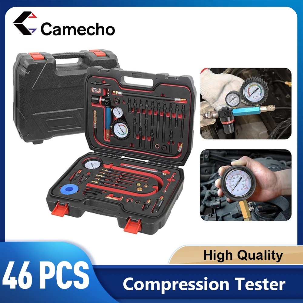 Camecho 46pcs Compression Tester Pressure Loss Tester Engine Tester Compatible with Diesel and Petrol Engines