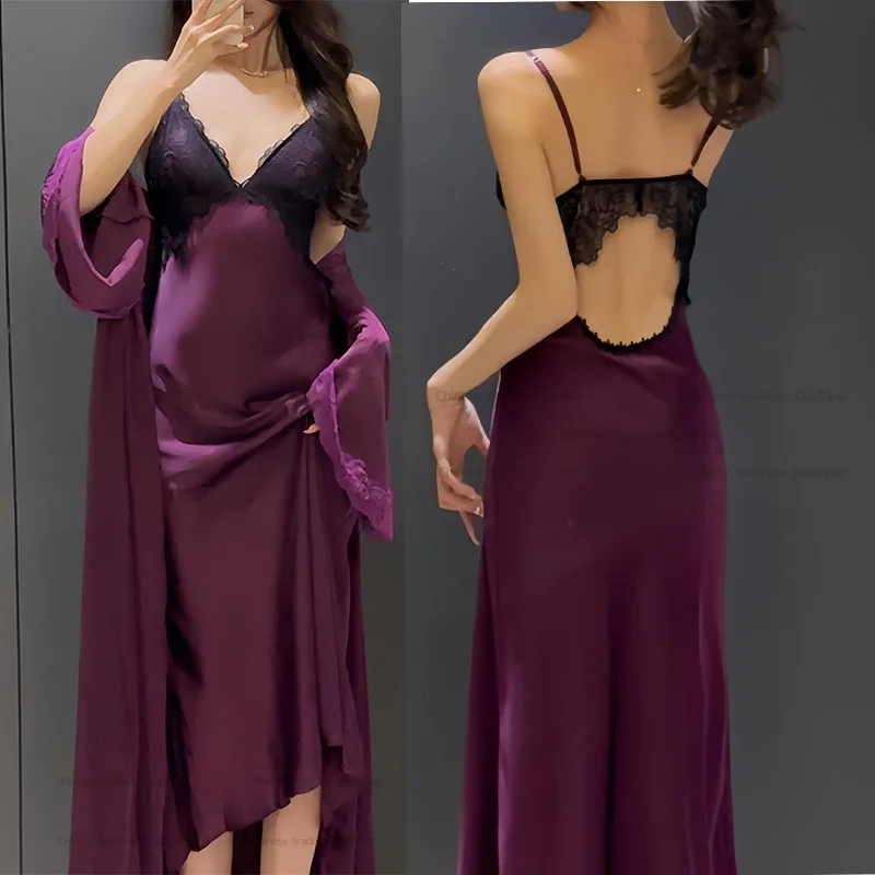 

V-Neck Nightgown Sexy Lace Up Sleepwear Lady Elegant Robe Long Nightdress Loose Bathrobe Gown 2025 Spring New Intimate Lingerie