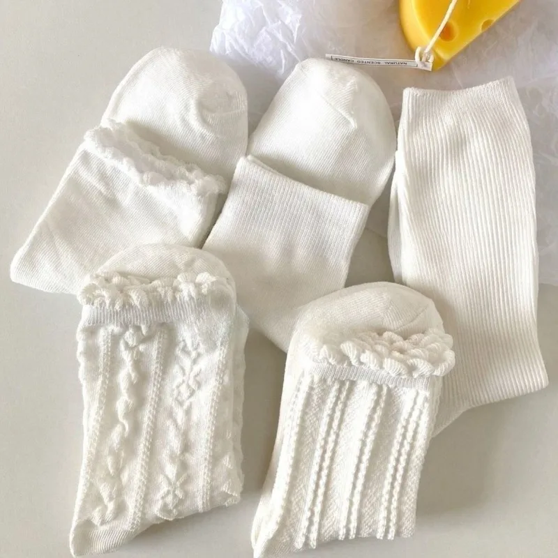 

5 пар летних женских хлопковых носков с кружевом и белым жареным тестом, тонкие универсальные женские носки среднего размера для девочек