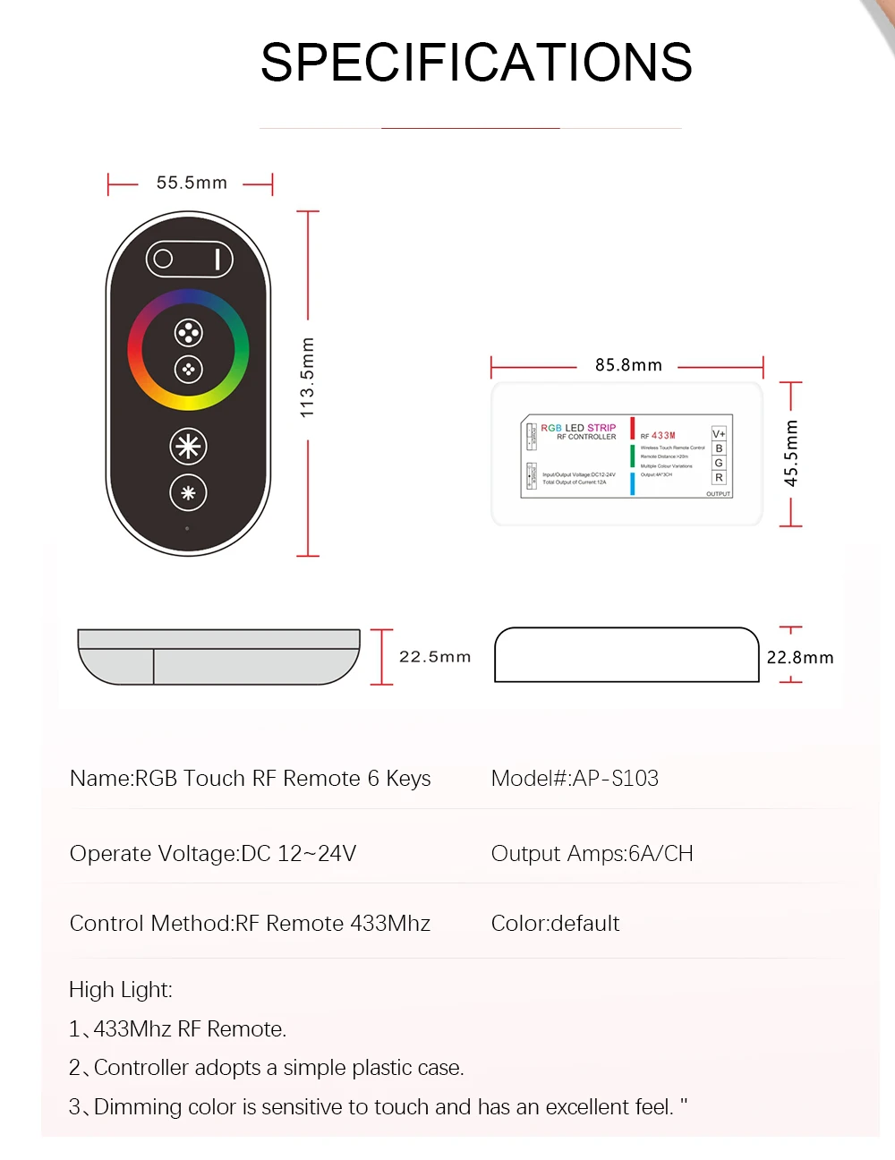 LED Strip light RF Touch Remote Controller Dimmer Cct Rgb Change Brightness 12V 24V COB 2835 5050 18A 30A Iron Shell Wall Mount