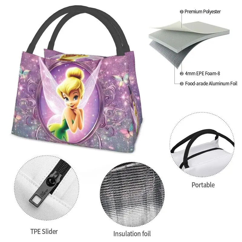 حقيبة غداء معزولة من كارتون تينكر بيل فيري للمكتب المدرسي، صندوق غداء مبرد حراري مانع للتسرب للنساء