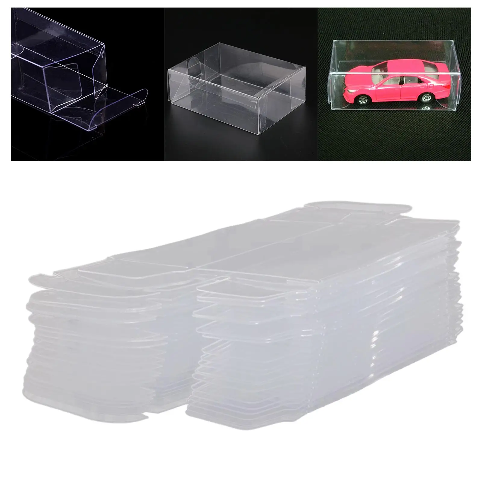 Limpar PVC Display Box, Modelo de Veículo, Carro, Presente, Figurinhas em miniatura, Estátua, Brinquedos, Bonecas, 50 Pcs, 30x40x82mm