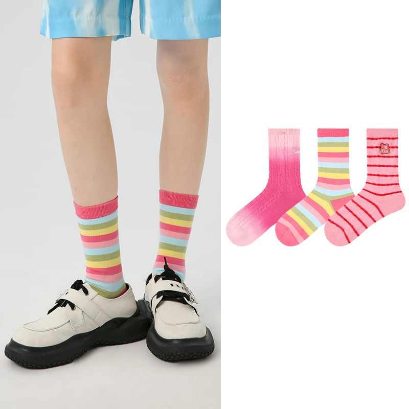 

3 Pairs Renaissance Original Women's Socks Pink Striped Girly Dopamine Tide Socks Autumn Warm Combed Cotton Mid-tube Socks