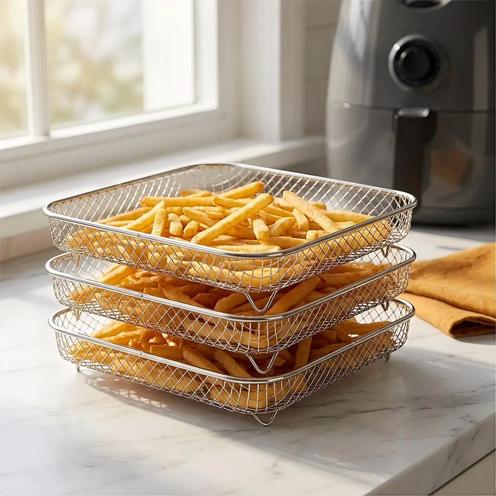 Edelstahl-Heißluftfritteusen-Abtropfgestelle, 1-stöckiger Netz-Korb, Mehrschichtiger Dehydrator-Ständer für Ofen- und Heißluftfritteusen-Zubehör