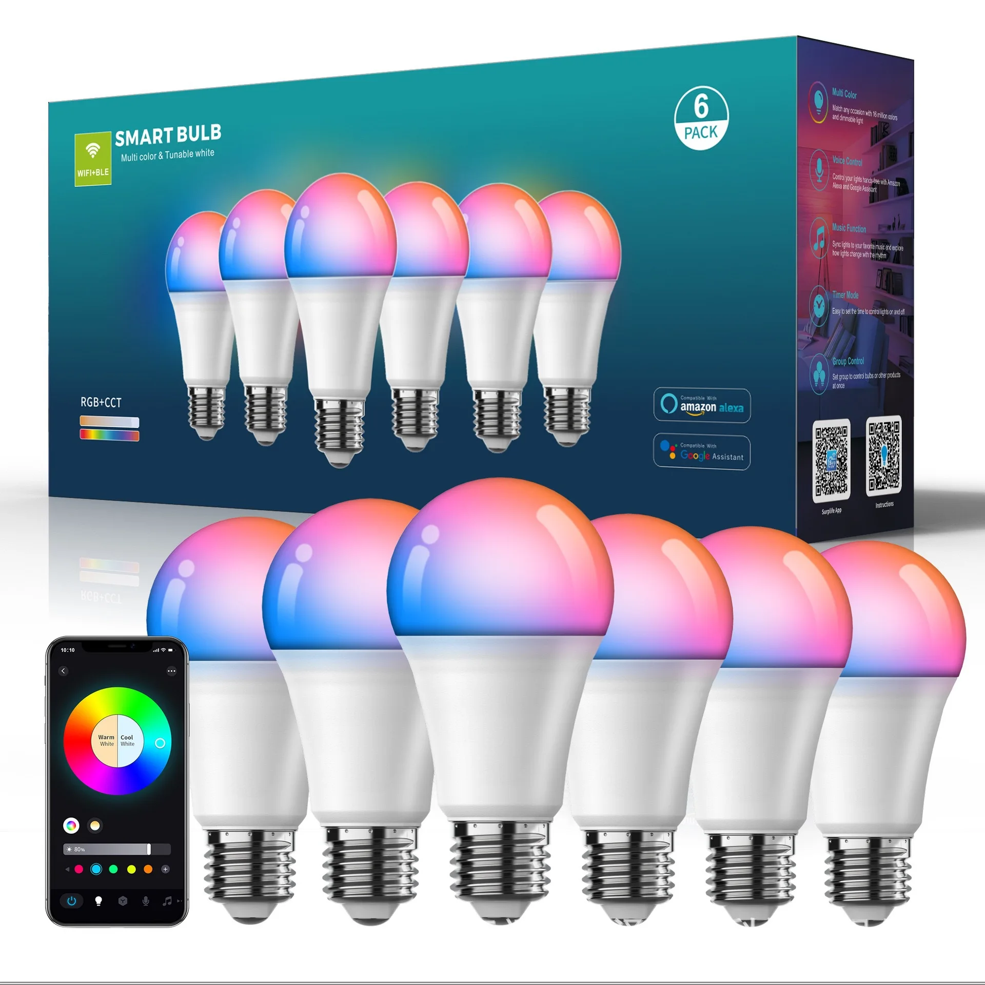 6-pack-12w-led-bulb-e26-rgbw-wi-fi-smart-home-light-bulbs-bluetooth-for-alexa-google-app-remote-control-for-room-decoration-220v