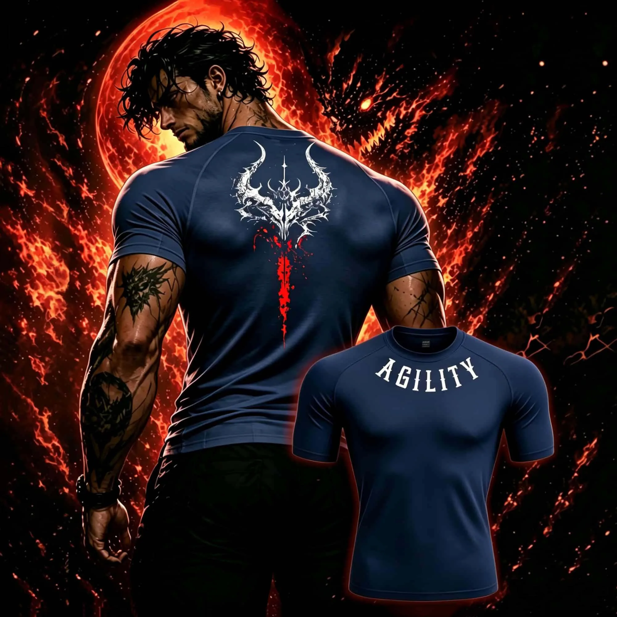 Style Compression Top Men's Breathable Quick-Dry Short Sleeve Demon Totem Print Sports T-Shirt  Training Running Athletic Top